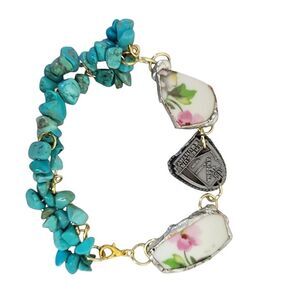 14K Gold Plated Arizona The Sun Country Broken China Floral Turquoise Bracelet